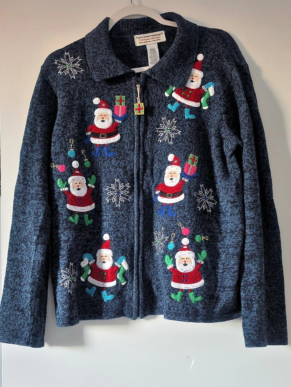 Tiara International Christmas Collection Santa Zip Cardigan Blue & Red Large